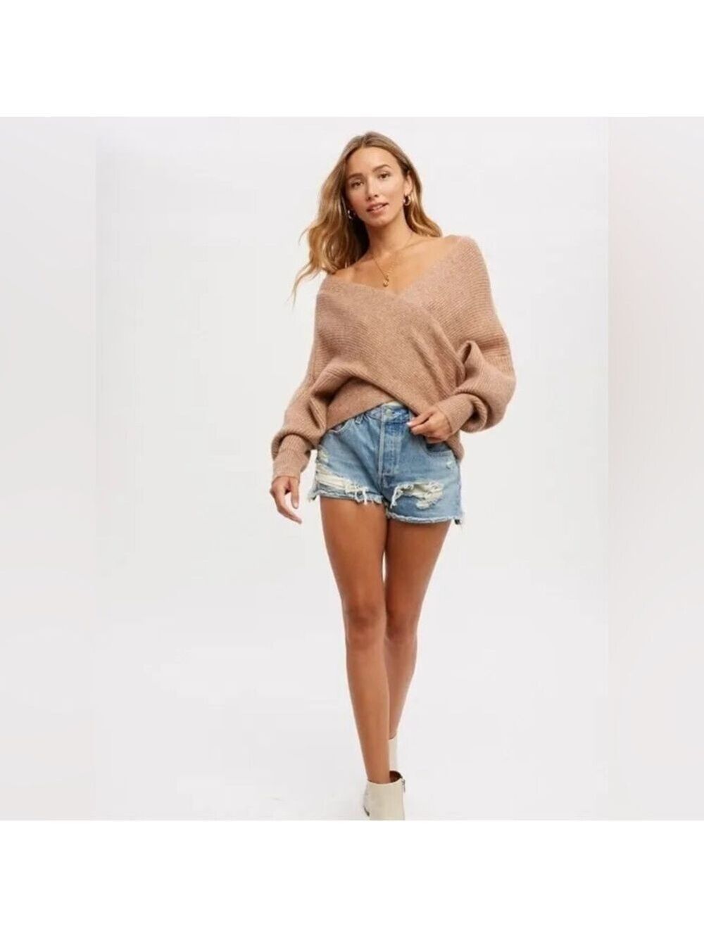 CLEAR OUT!!! Crossover Ribbed Pullover- Latte - Picture 4 of 11